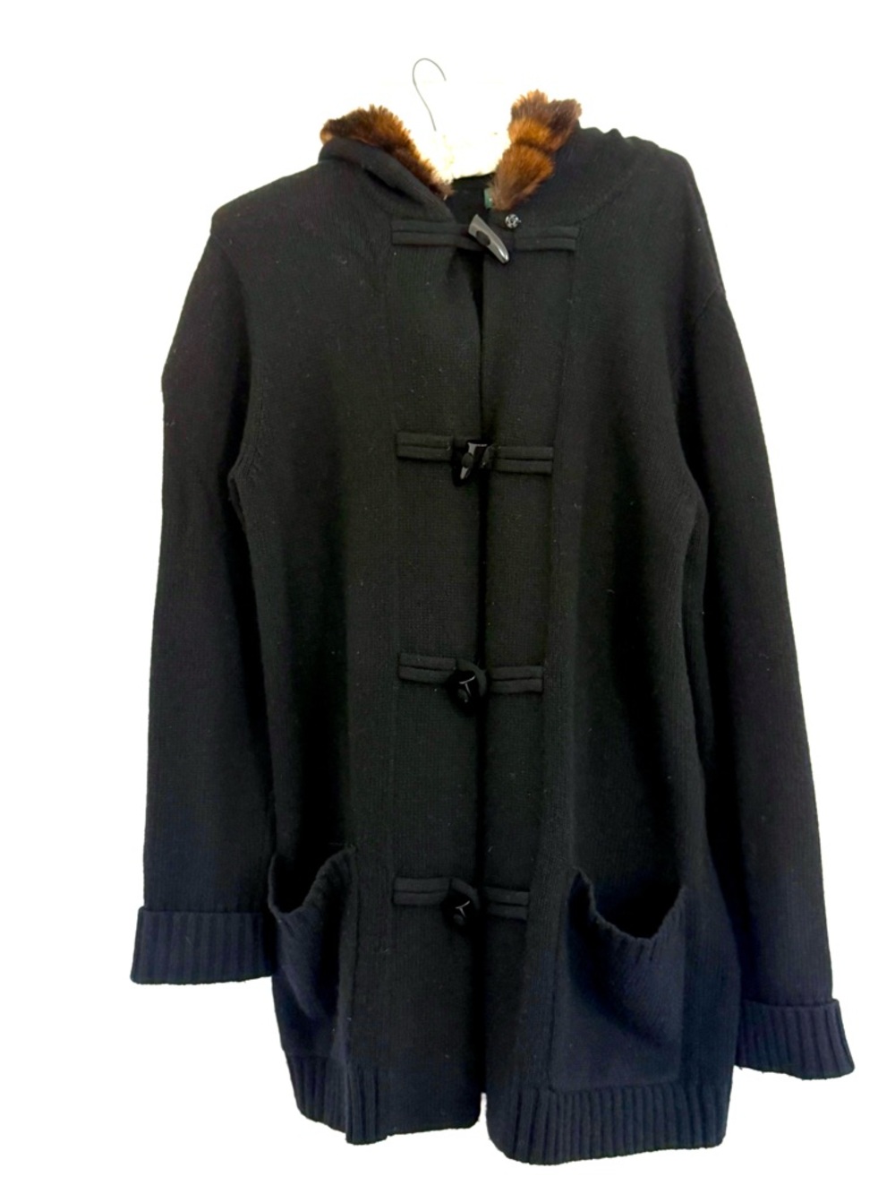 Lauren Ralph Lauren Black Toggle Sweater Coat with Faux Fur Trim Hood, Small